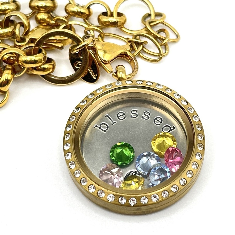 Origami Owl Blessed Gold Tone Rhinestone Blessed Floating Pendant 18" Necklace
